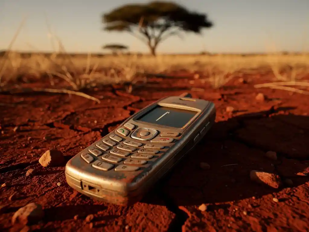 Weathered feature phone on cracked red African soil showing one signal bar, with blurred acacia tree and dry savanna grass in golden late-afternoon light.