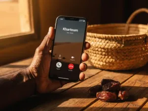 Weathered hand holding a smartphone on a call to Khartoum, with a traditional Sudanese basket and dried dates on a wooden surface in warm desert light.