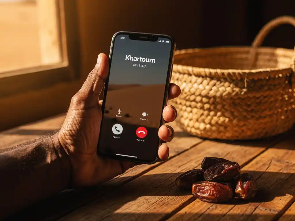 Weathered hand holding a smartphone on a call to Khartoum, with a traditional Sudanese basket and dried dates on a wooden surface in warm desert light.