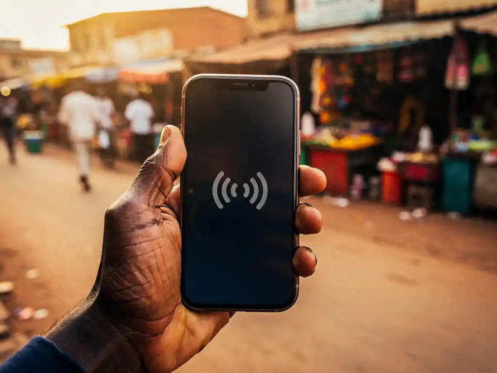 Weathered hand holding a smartphone with strong signal bars at a bustling Lagos street market in warm afternoon light.