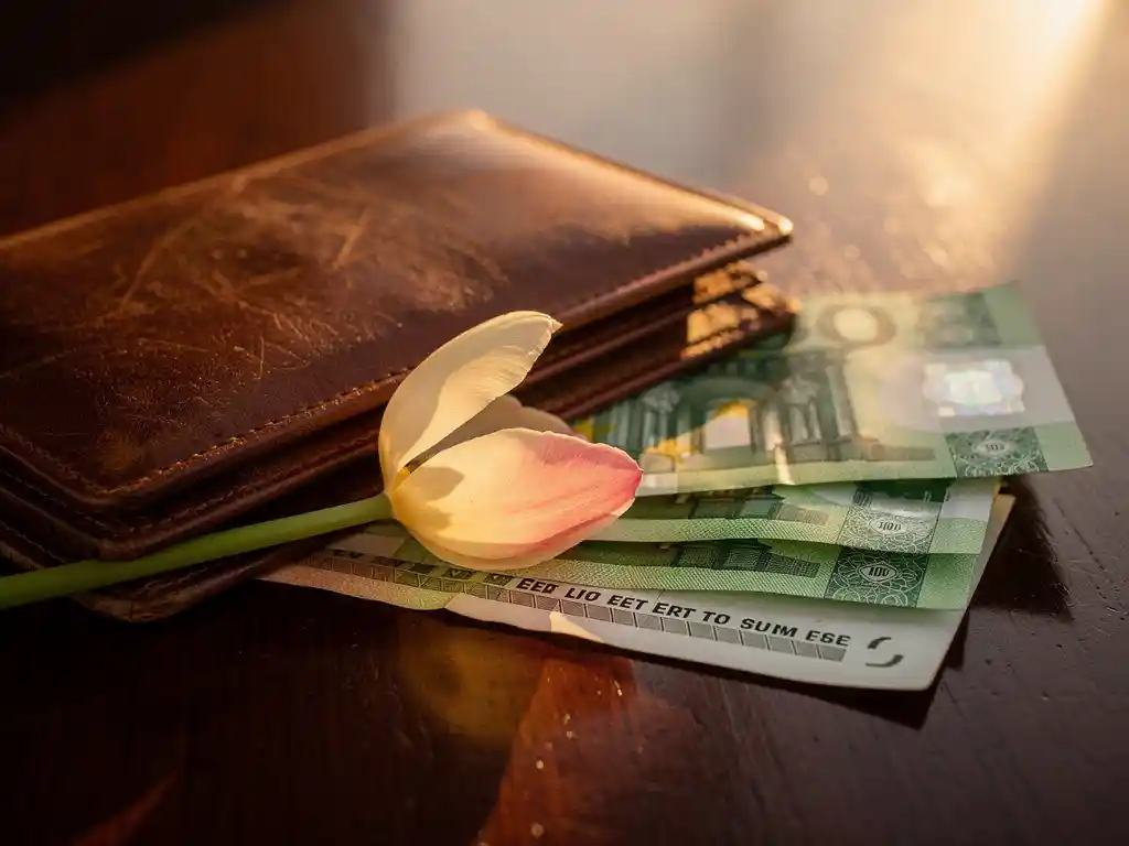 Worn leather wallet beside euro and Nigerian naira banknotes with a Dutch tulip petal, bathed in warm golden-hour light.