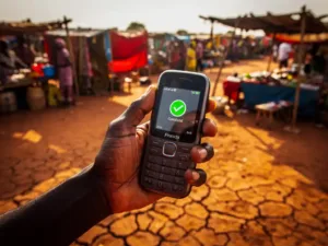 Weathered hand holding a basic mobile phone showing a transaction confirmation screen at a South Sudanese open-air market in warm afternoon light.