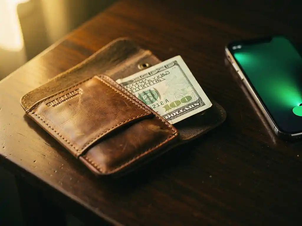 Worn leather wallet open on polished wood holding a Nigerian naira note and US dollar bill, smartphone with green notification glow nearby.