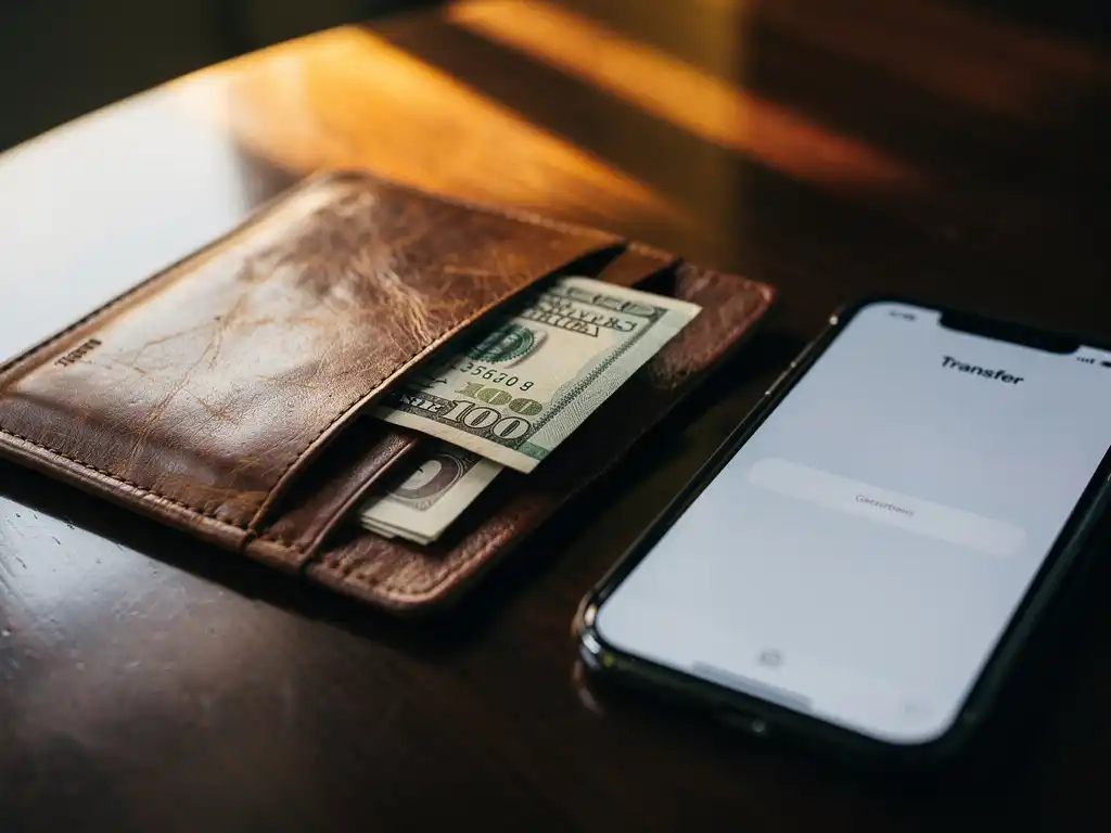 Worn leather wallet open on a wooden desk holding Nigerian naira and US dollar bills beside a smartphone showing a money transfer app.