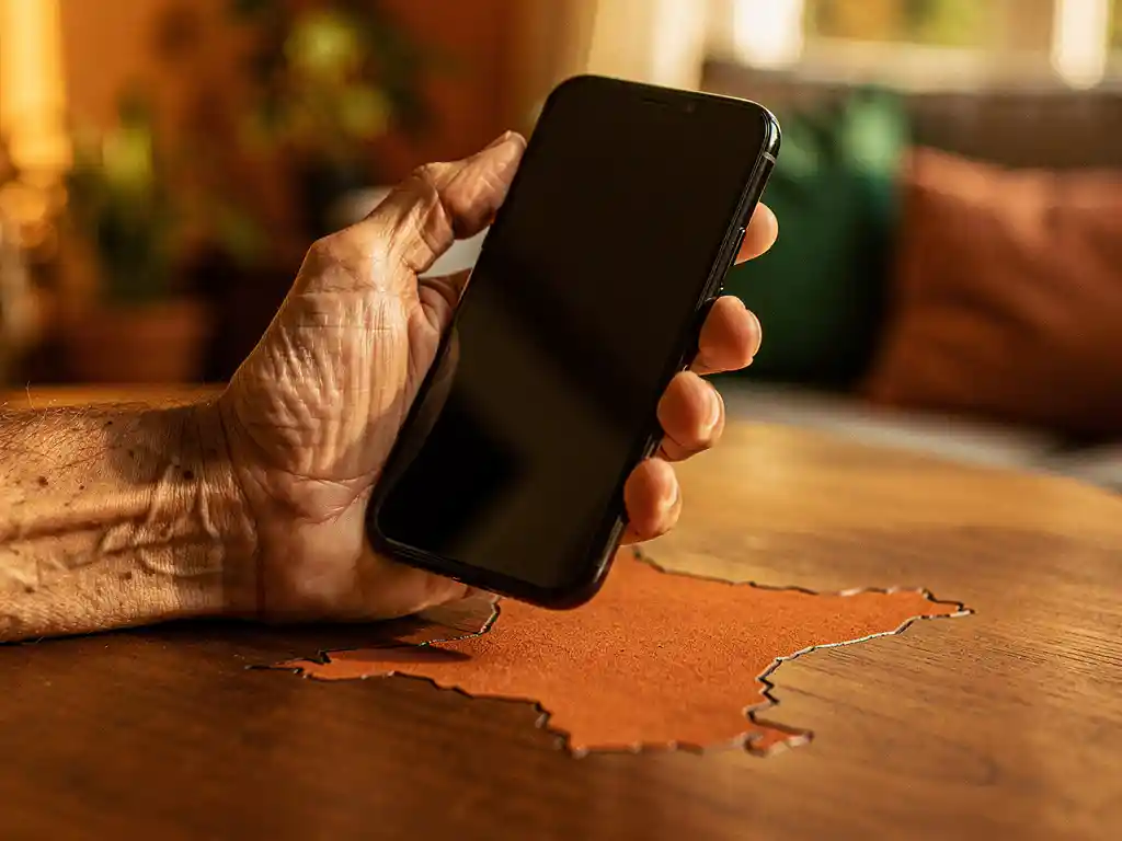 Weathered hand holding a smartphone over a wooden table with Nigeria's coastline map, warm golden-hour light in a cozy apartment.
