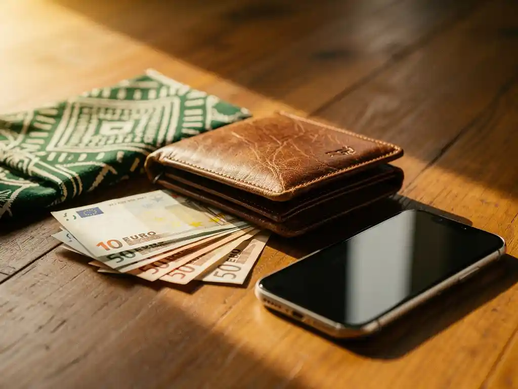 Worn leather wallet open beside euro banknotes and Nigerian green-and-white fabric on a warm wooden surface, smartphone nearby in golden afternoon light.