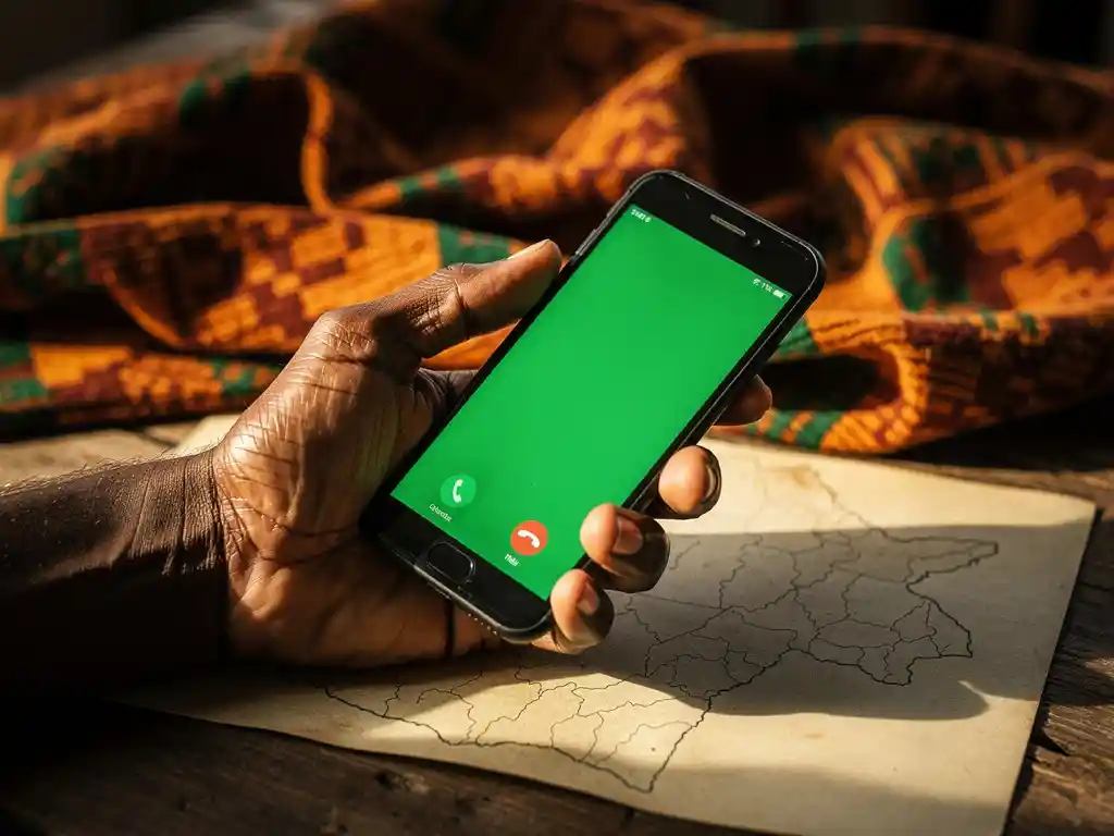 Weathered hand holding a smartphone with a glowing green call screen over a hand-drawn Nigeria map on a wooden table, kente fabric in background.