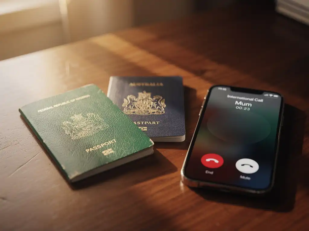 Nigerian and Australian passports resting on a wooden desk beside a smartphone showing an active international call, bathed in warm golden light.