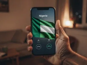 Weathered hand holding a smartphone with an incoming call, Nigerian flag reflected on screen, warm amber light in a modest European apartment.