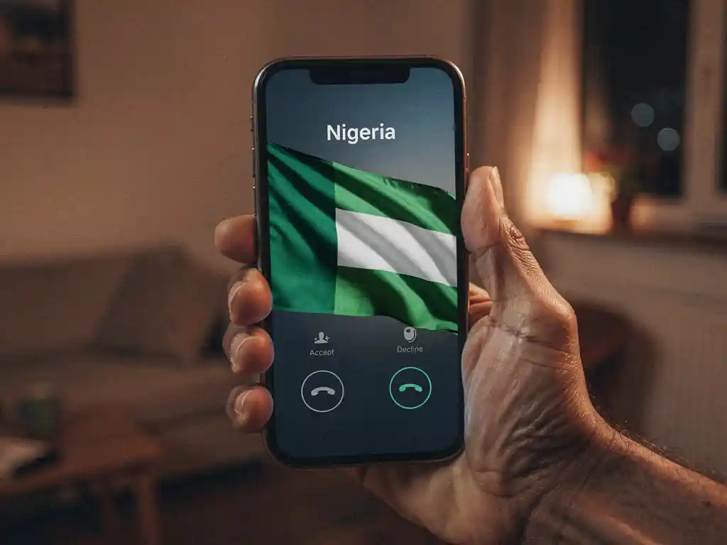 Weathered hand holding a smartphone with an incoming call, Nigerian flag reflected on screen, warm amber light in a modest European apartment.