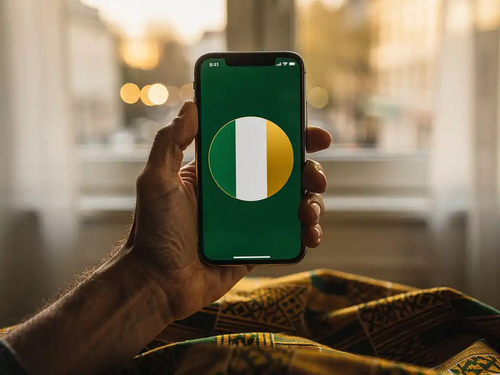 Weathered hand holding a smartphone with a Nigerian flag dial, kente fabric beneath, warm golden light from a European apartment window.