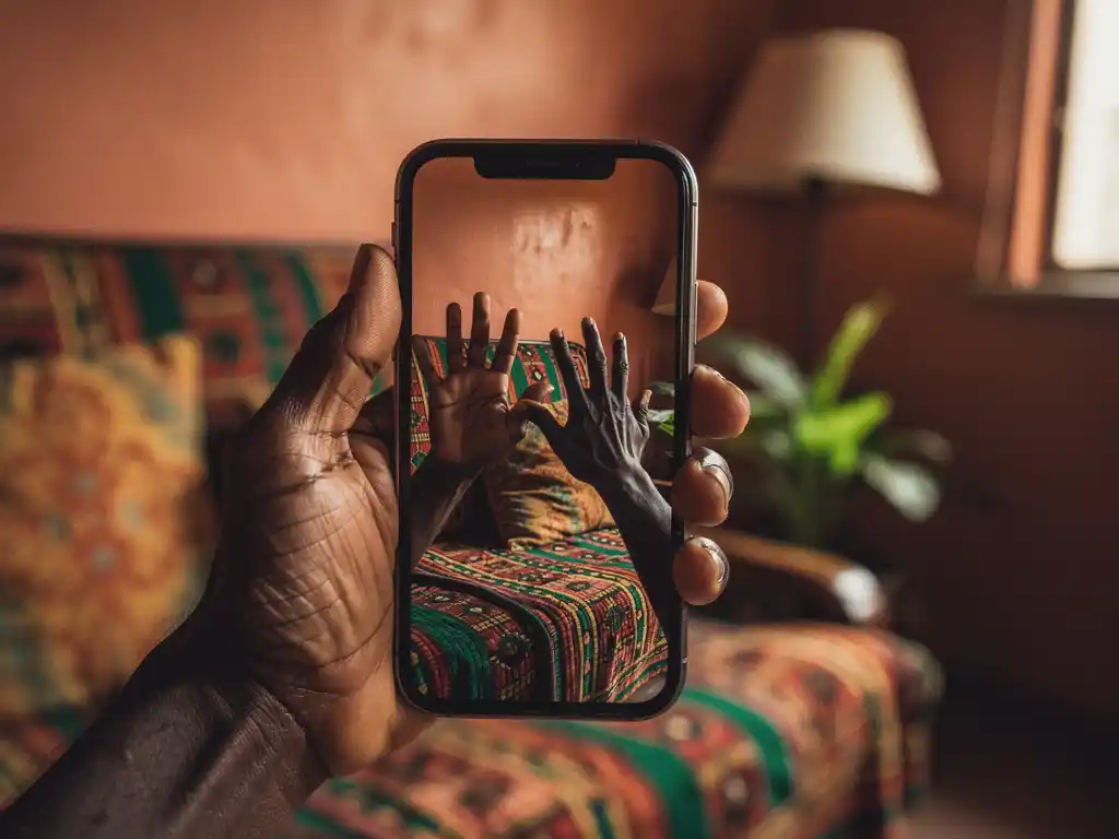 Weathered hand holding a smartphone during a video call in a warmly lit Nigerian home with colorful woven fabric in the background.