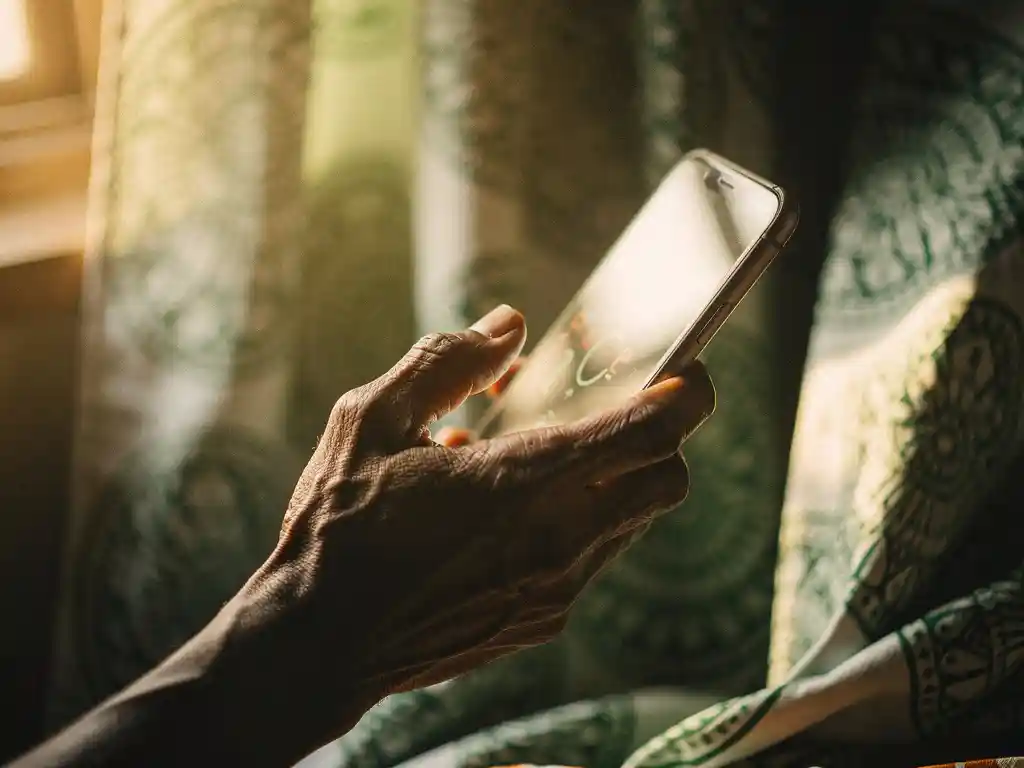 Weathered hand holding a glowing smartphone against Nigerian fabric patterns in warm amber and forest green afternoon light.