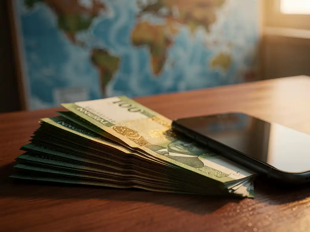 Nigerian naira banknotes fanned beside a smartphone on a wooden desk, soft golden-hour light with a blurred world map background.