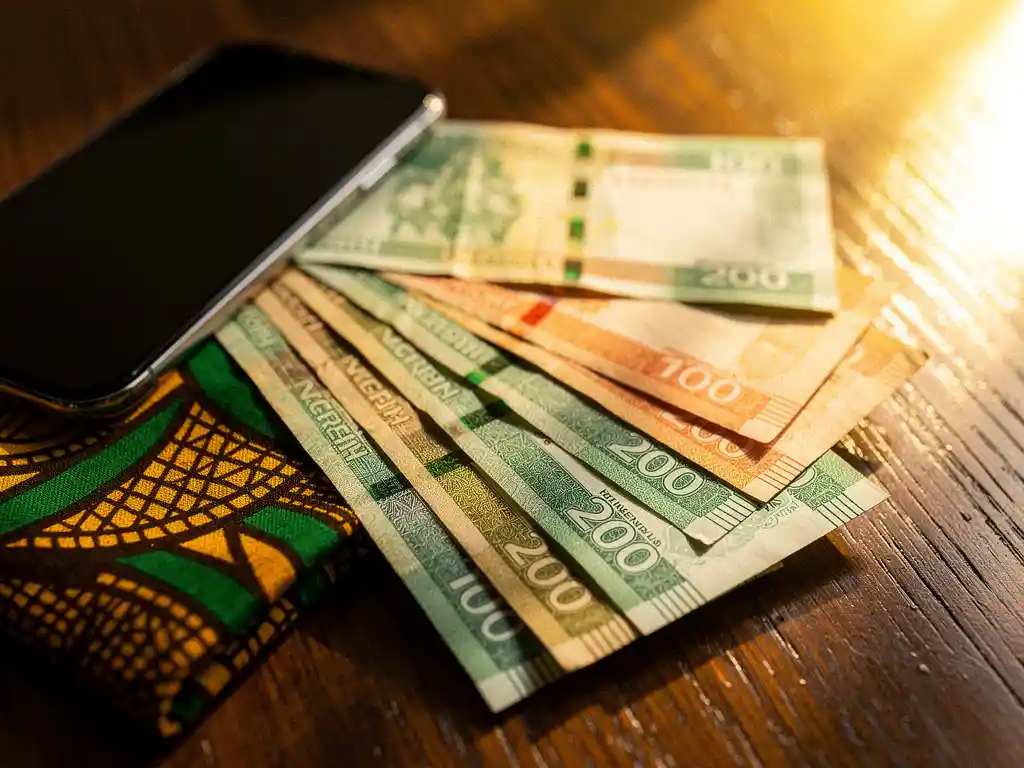 Nigerian naira banknotes fanned out beside a smartphone on a wooden surface with an Ankara fabric swatch, bathed in warm golden light.
