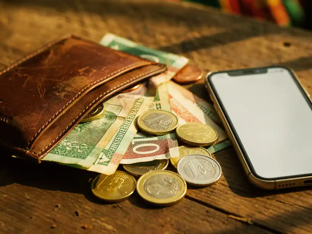 Worn leather wallet open on wood, Nigerian naira notes and euro coins spilling out beside a glowing smartphone in warm afternoon light.