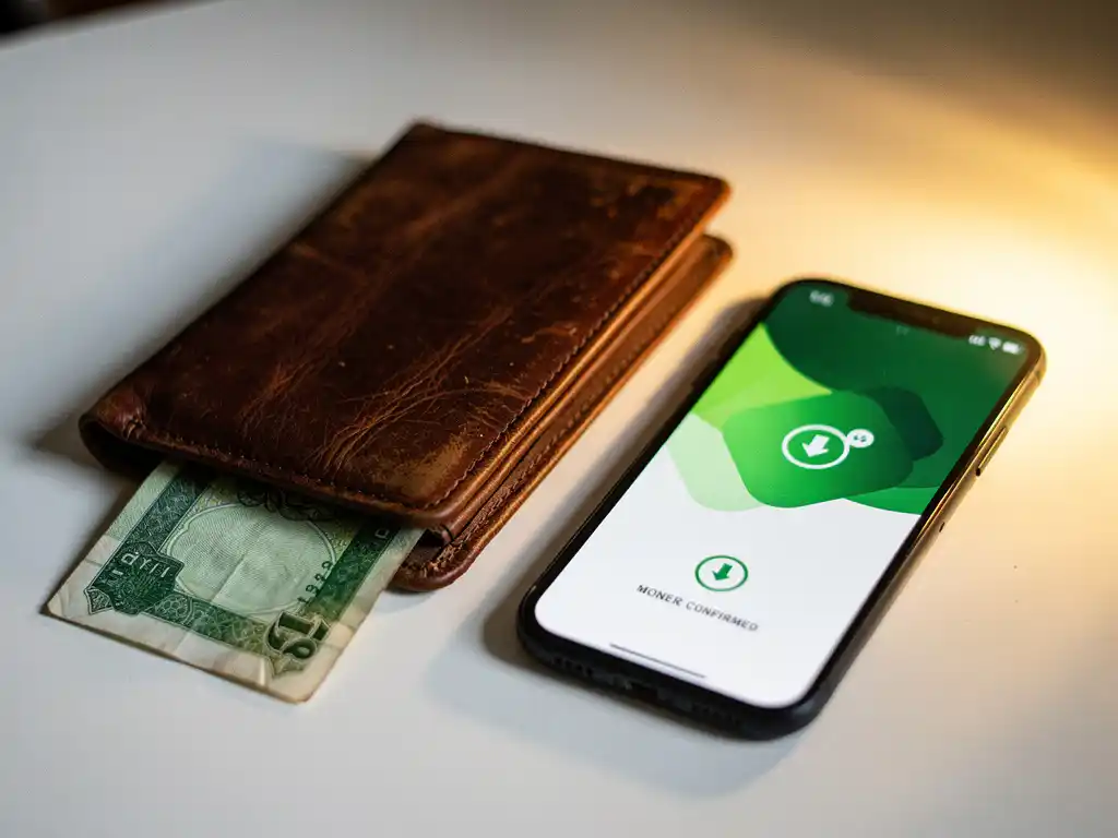Worn leather wallet open on a white desk beside a Nigerian naira note and smartphone showing a mobile transfer confirmation.