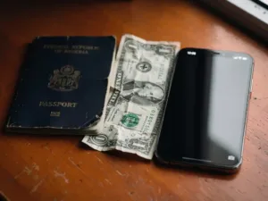Weathered Nigerian passport and crumpled US dollar bill beside a dark smartphone on a wooden surface, soft natural light, shallow depth of field.