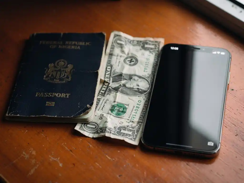 Weathered Nigerian passport and crumpled US dollar bill beside a dark smartphone on a wooden surface, soft natural light, shallow depth of field.