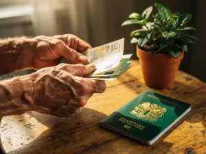 Weathered hands exchanging euro banknotes over a wooden table beside a Nigerian passport and small terracotta potted plant.