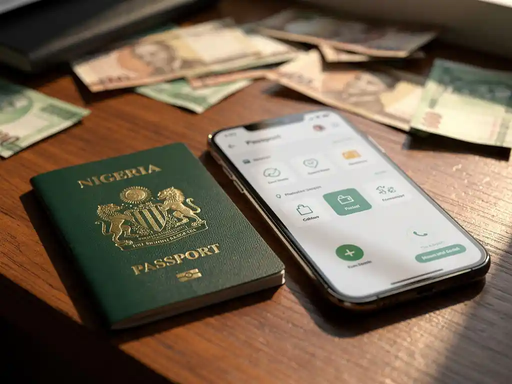 Nigerian passport and smartphone showing mobile payment app on wooden desk with scattered naira notes, bathed in warm afternoon light.