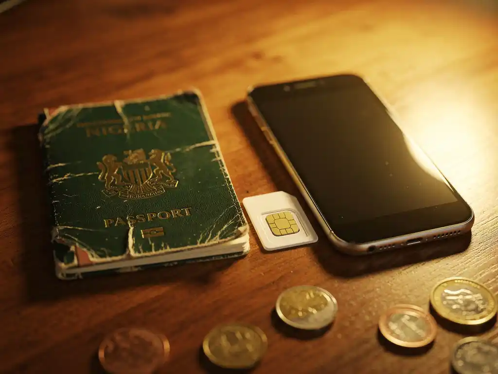 Weathered Nigerian passport and smartphone on wooden surface with international SIM card and scattered coins in warm golden light.