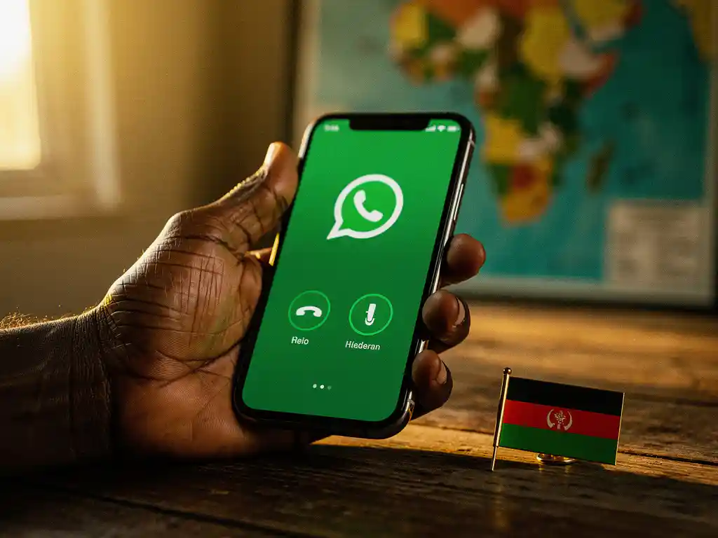 Weathered hand holding a smartphone with a WhatsApp call screen, Nigerian flag pin on wooden table, warm amber light, West Africa map blurred behind.