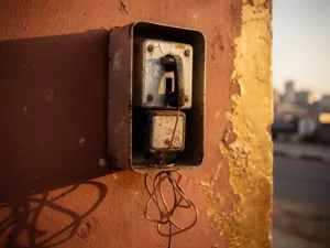 Weathered payphone on a sun-bleached Dar es Salaam street wall, cracked coin slot and tangled copper wires in golden-hour light.