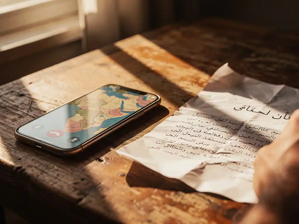 Smartphone mid-call on a weathered wooden desk beside a handwritten Arabic letter, with a northeastern Africa map beneath in warm amber tones.