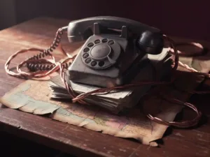 Weathered rotary telephone tangled in copper wires on a wooden desk, pinned invoices and faded Uganda map beneath, warm burgundy tones.