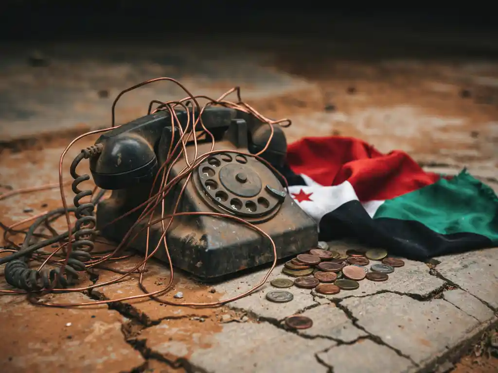 Weathered rotary telephone tangled in fraying copper wires on cracked concrete, Sudanese flag fabric and scattered coins nearby.