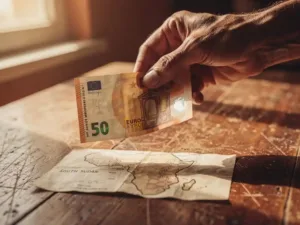 Weathered hand holding a euro banknote over a hand-drawn map of South Sudan on a worn wooden table, warm afternoon light.