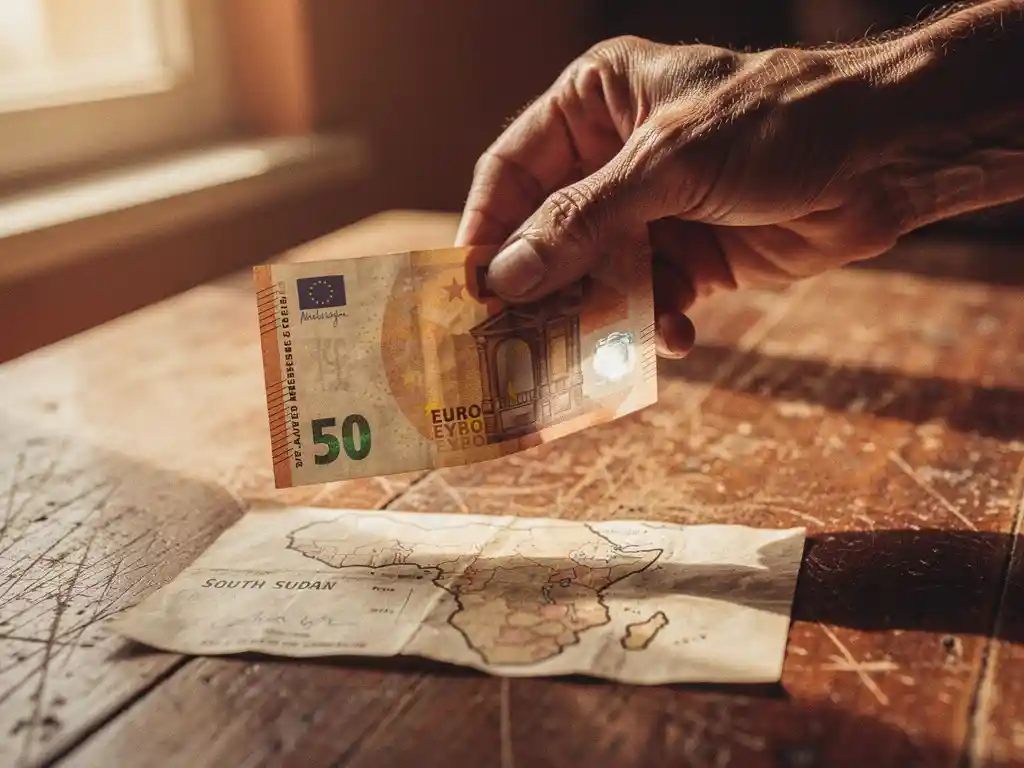 Weathered hand holding a euro banknote over a hand-drawn map of South Sudan on a worn wooden table, warm afternoon light.