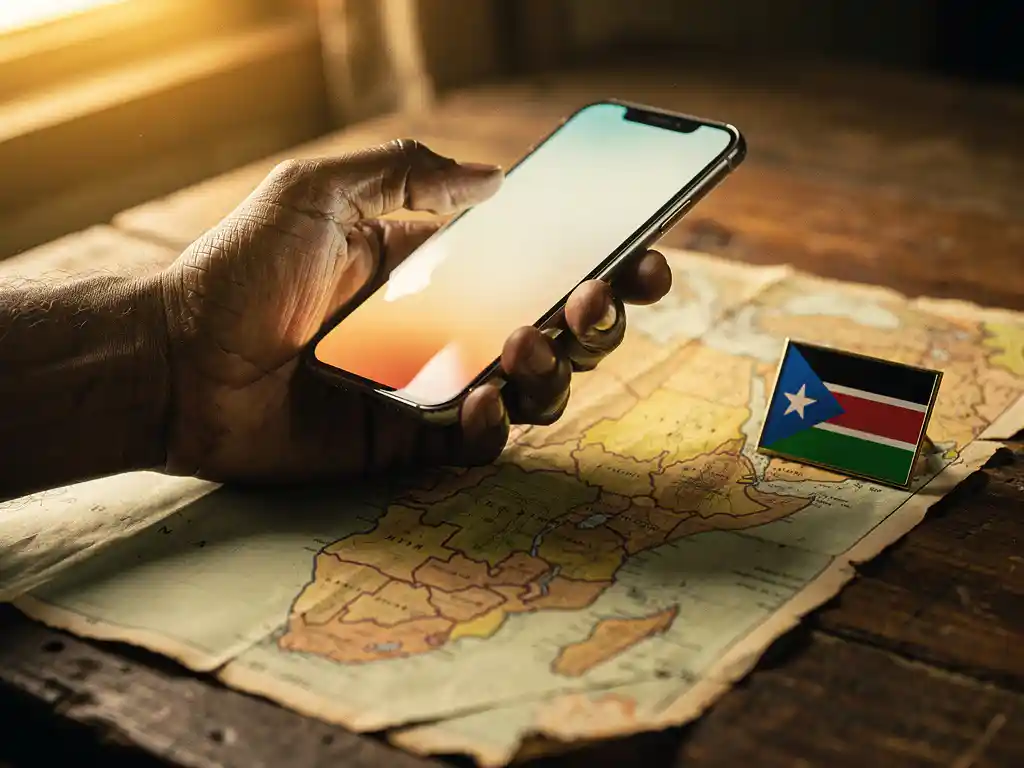 Weathered hand holding a smartphone over a faded Africa map on a wooden table, with a South Sudanese flag pin nearby in warm golden light.