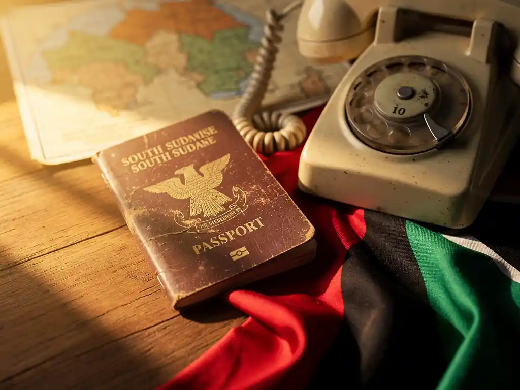 Weathered South Sudanese passport on wooden surface beside a vintage rotary phone, African fabric and faded map in warm golden light.