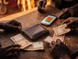 Weathered leather wallet open on a wooden market table in South Sudan, surrounded by pound notes and a mobile payment phone in warm afternoon light.