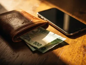 Worn leather wallet open on a sunlit wooden table with crumpled South Sudanese pound notes and a smartphone in warm afternoon light.