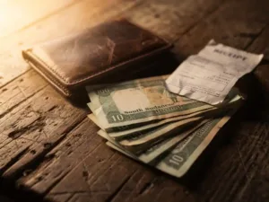 Worn leather wallet beside South Sudanese pound notes and a crumpled Western Union receipt on weathered wood in warm afternoon light.