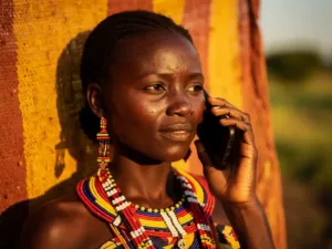 South Sudanese woman in traditional beaded jewelry speaking on a smartphone, golden-hour light, woven saffron backdrop, green landscape behind her.