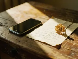 Smartphone mid-call on a weathered wooden desk beside a handwritten Arabic letter, dried desert flower, and warm golden afternoon light.