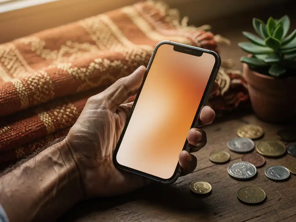 Weathered hand holding a glowing smartphone near scattered coins, a succulent, and a folded Sudanese woven textile in warm terracotta tones.