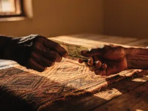 Weathered hands exchanging a folded banknote over a Sudanese woven textile in warm amber afternoon light.