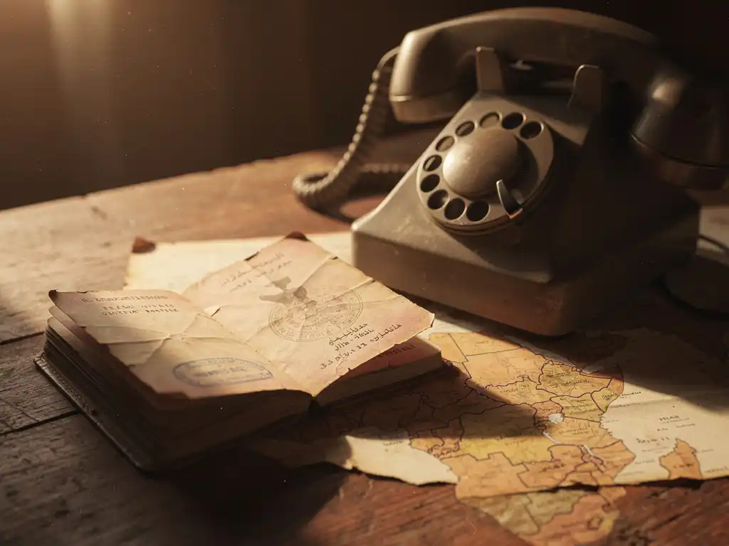 Weathered Sudanese passport open on a worn wooden desk beside a vintage rotary phone, warm afternoon light over a faded northeastern Africa map.