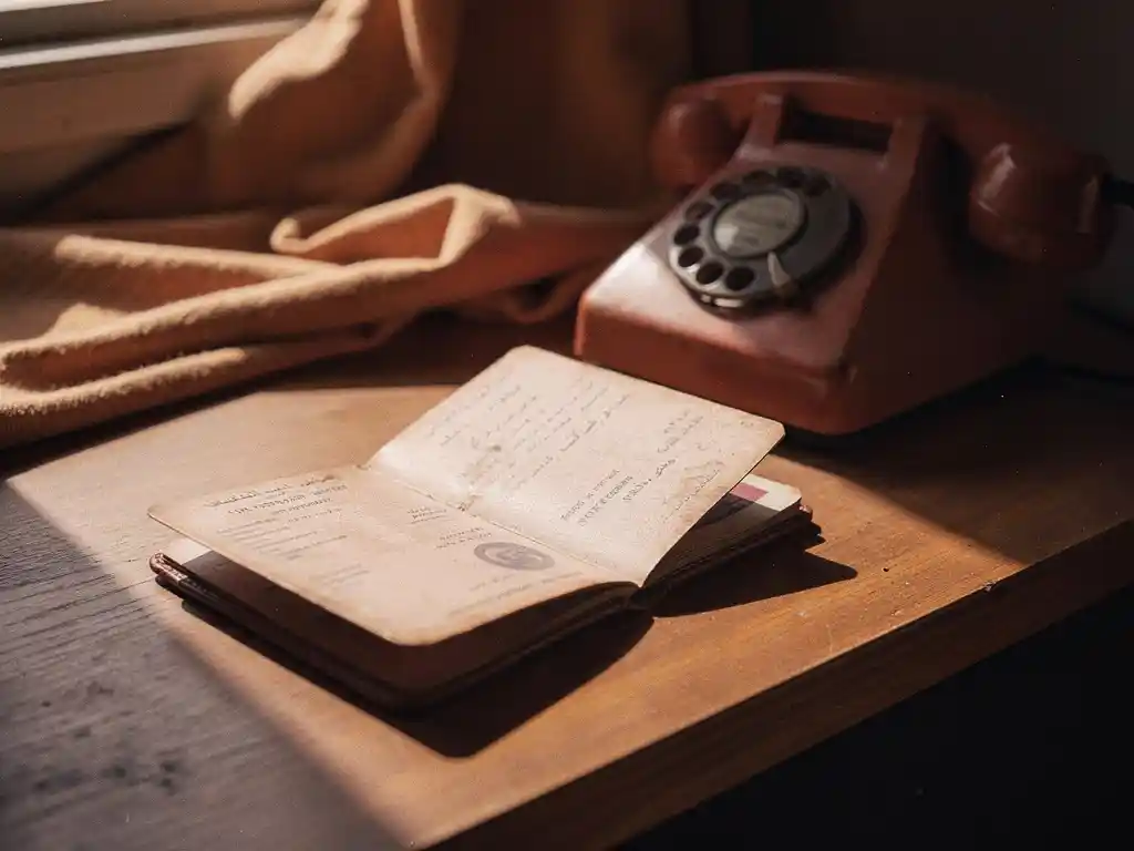 Weathered Sudanese passport open beside a vintage rotary telephone on a wooden desk in warm afternoon sunlight.