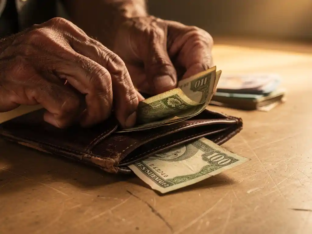 Weathered hands folding a Sudanese pound note into a worn leather wallet alongside international currency on a sand-toned desk.