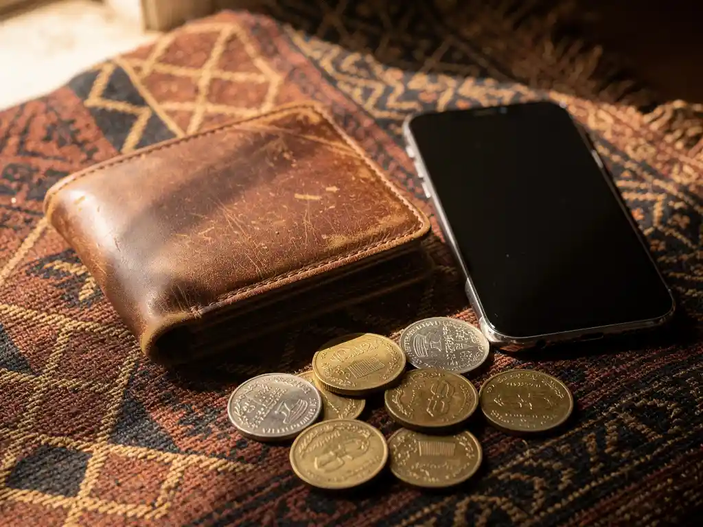 Worn leather wallet on woven African textile beside a smartphone, with Sudanese pound coins scattered in warm afternoon light.