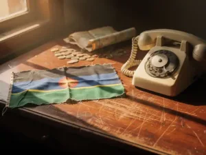 Weathered Tanzanian flag pinned to a rustic wooden desk beside a vintage rotary telephone, with scattered coins and a worn paper map.