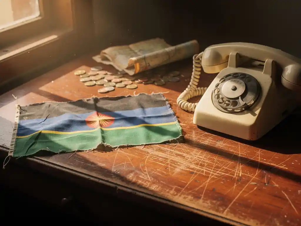 Weathered Tanzanian flag pinned to a rustic wooden desk beside a vintage rotary telephone, with scattered coins and a worn paper map.