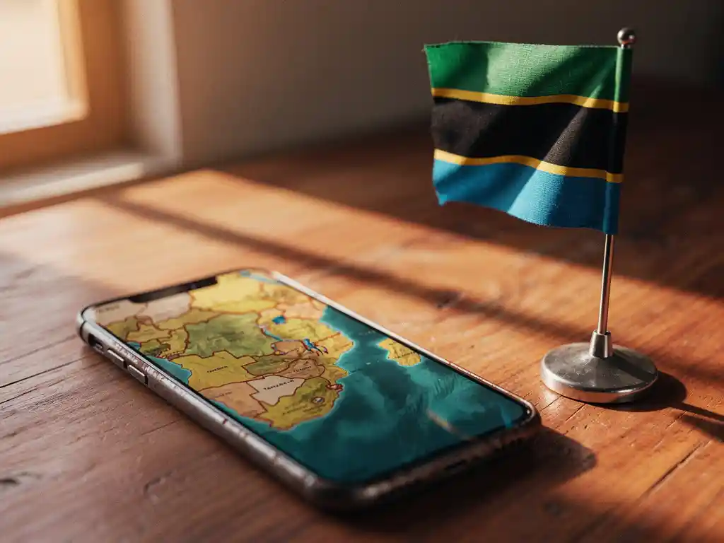 Weathered smartphone displaying a glowing Tanzania map beside a small Tanzanian flag on a wooden surface, warm savanna light.