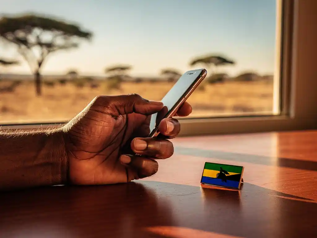 Weathered hand holding a smartphone at golden hour, Tanzanian savanna through sunlit window, small flag pin on wooden desk nearby.